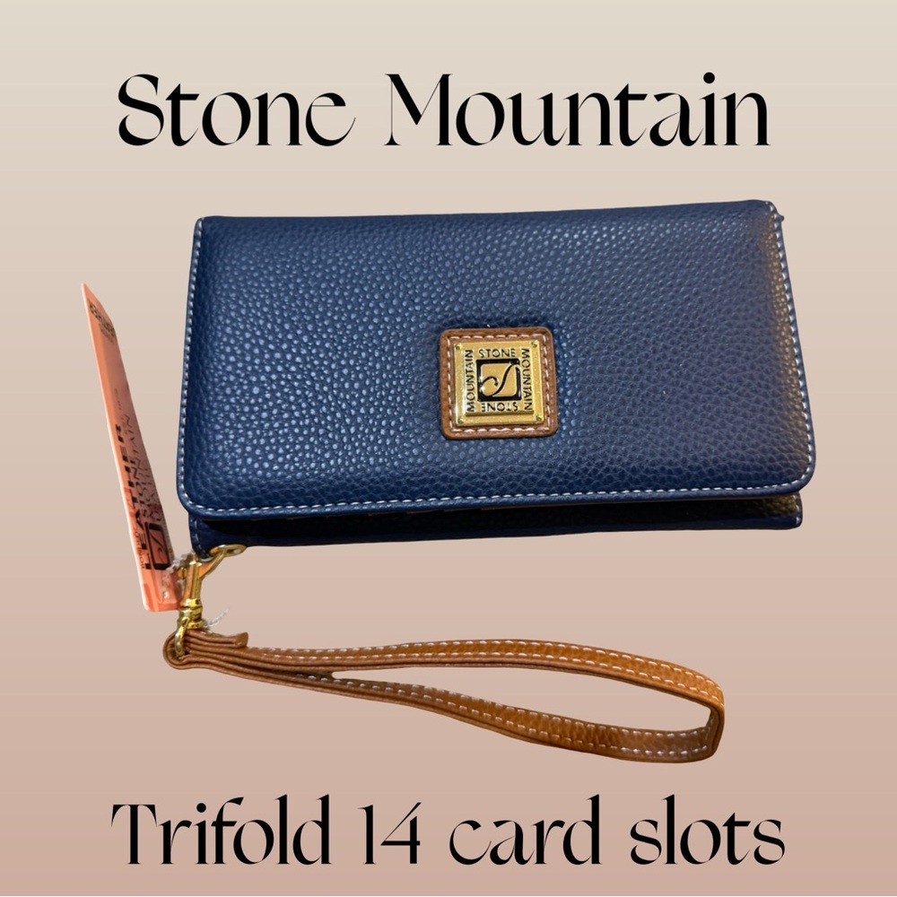 Stone Mountain Leather Navy Tan Wristlet Wallet NWT $68 trifold ID window card - Picture 2 of 9